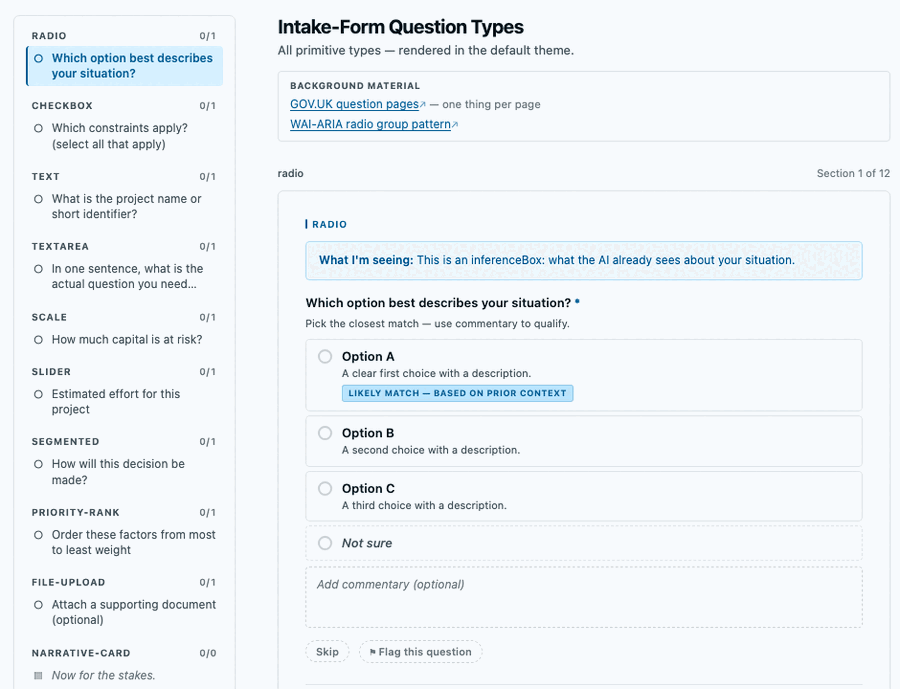 Stepping through the wizard: selecting a radio option and a checkbox, then advancing to a labeled scale question, with the sidebar marking each answered question as the reviewer progresses